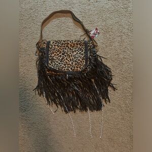 Leopard purse with faux leather fringe and crystals NWT